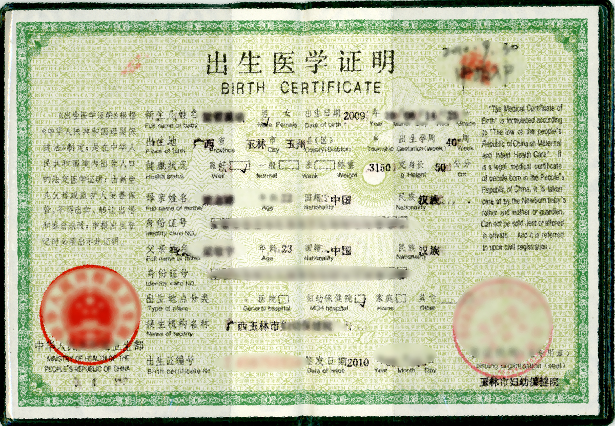 notarized birth certificate china